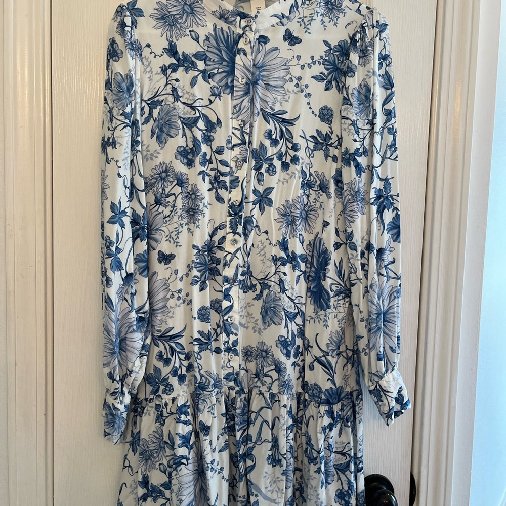 Floral Blue and White Long Sleeve Dress